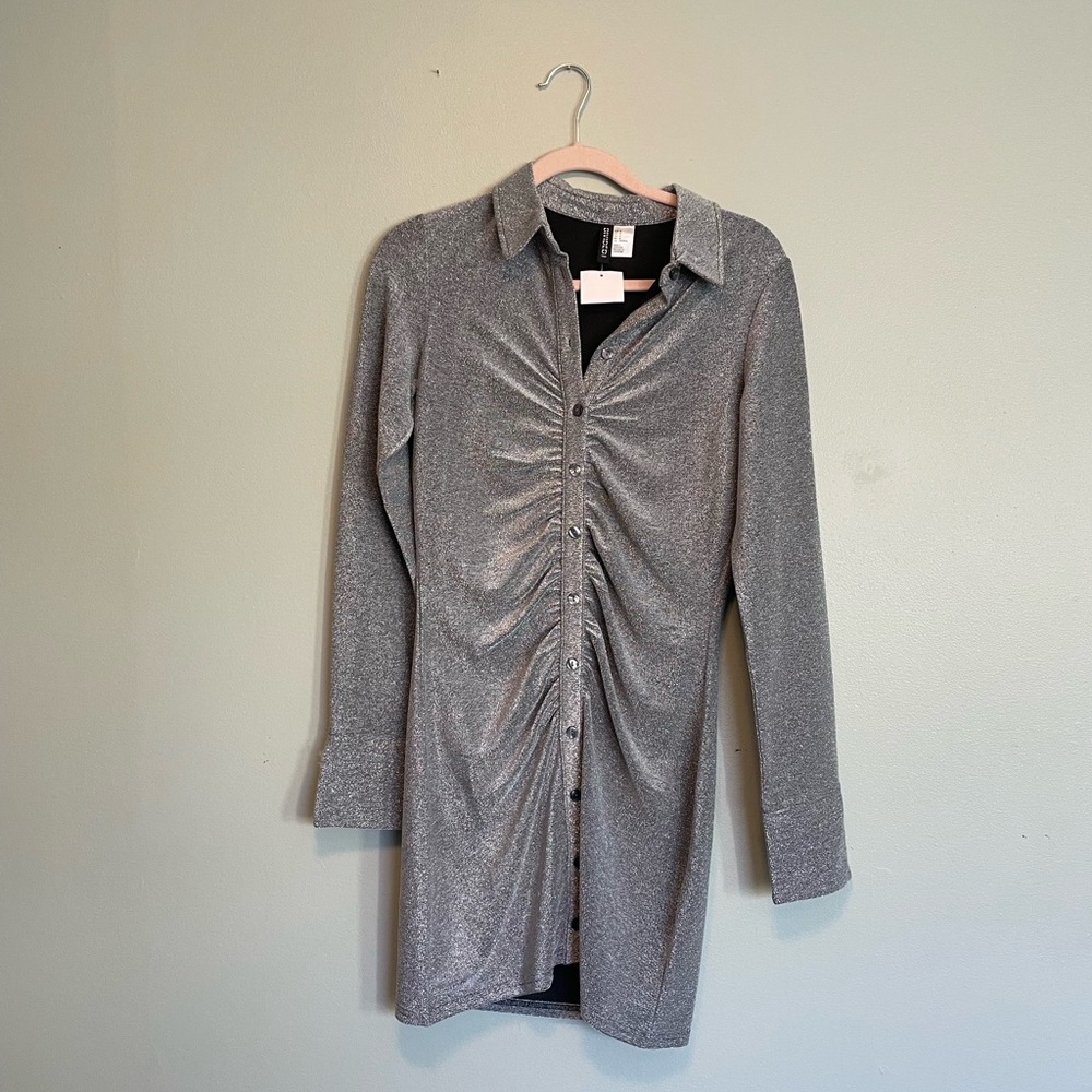 Silver Ruched Button-Up Dress